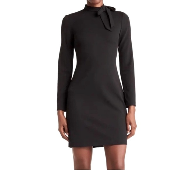 Calvin Klein Womens 4 Long Sleeve Black Shift Dress Neck Bow Career Classic